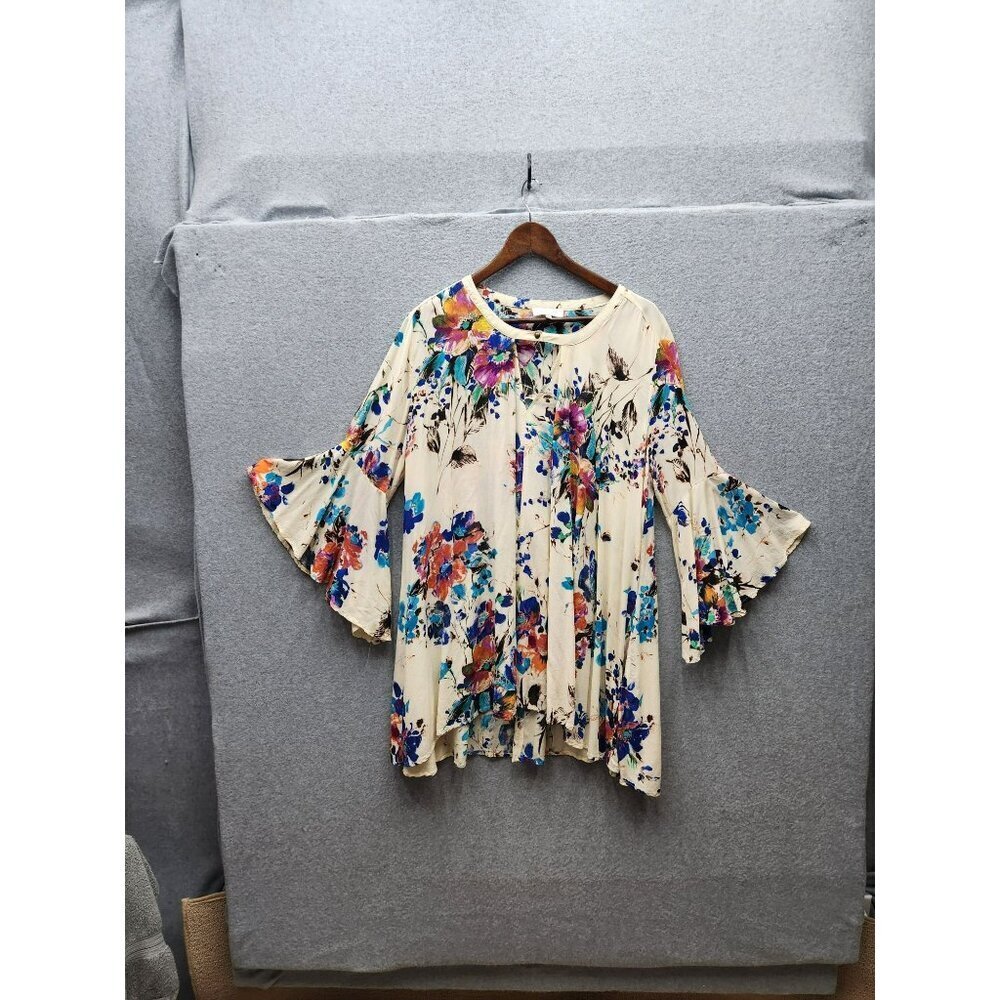 Grace & Lace Womens Large Floral Bell Sleeve Tunic Top 100% Rayon